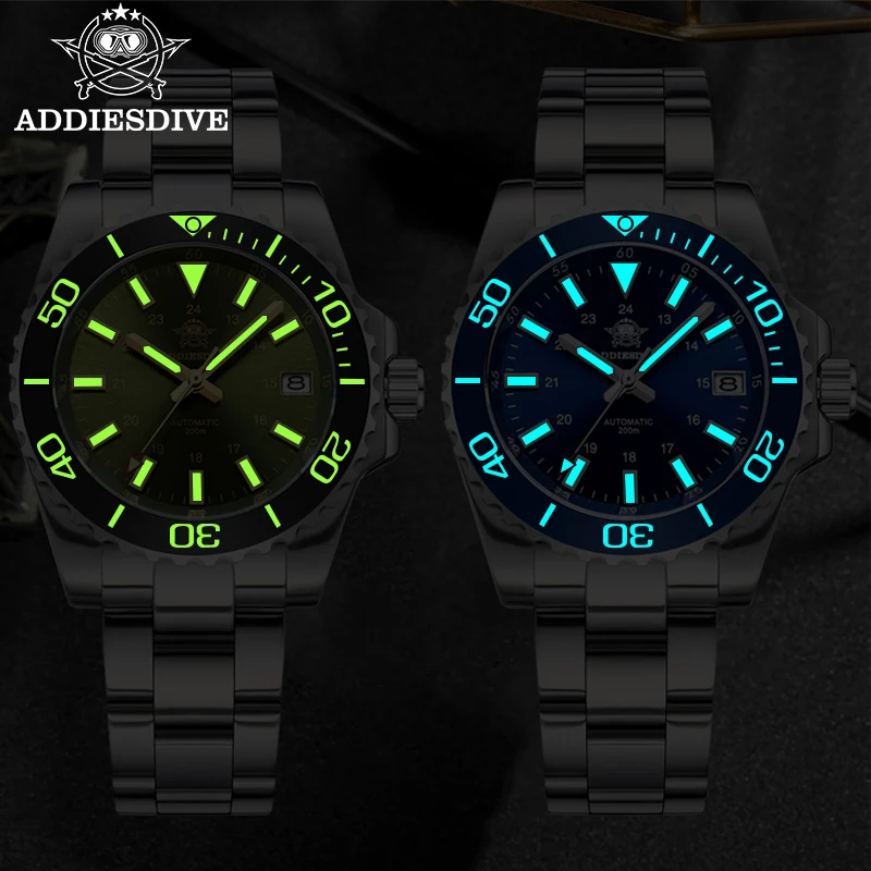 ADDIESDIVE جديد AD2086 ساعات آلية الياقوت الزجاج 200 متر مقاوم للماء ساعة رجالي الفولاذ المقاوم للصدأ مضيئة خمر غواص ساعة