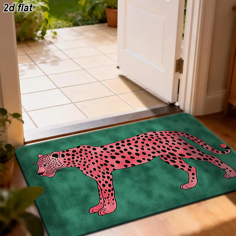 VIKAMA Pink Leopard Print Rectangle Doormat Dark Green Base Walking Pink Cheetah Pattern Non Slip Water Absorbent EntryFloor Mat