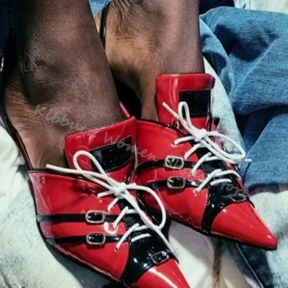 

Mixed Color Pumps Lace-Up Pointed Toe Thin Heels Genuine Leather Slip-On Novelty Fashion Concise Sexy Party Women Shoes Newest