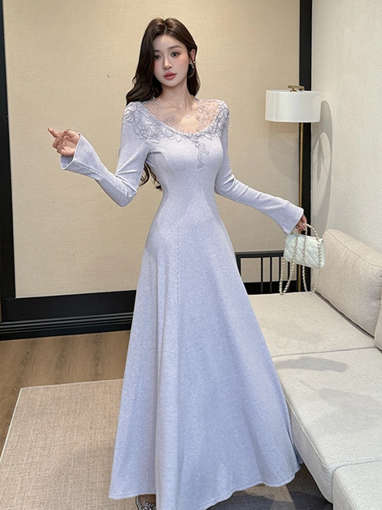 Dating Casual Women Knitted Flare Sleeve Bodycon Long Maxi Dress Lace V-Neck Slim Elegant Formal Party Evening Gown Robe Vestido