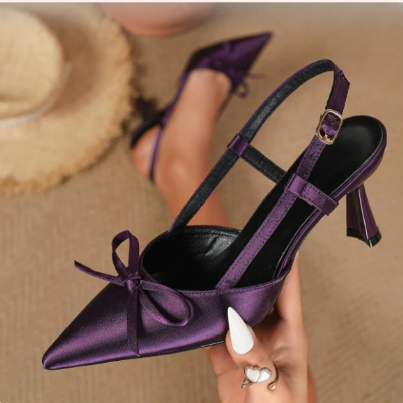 Women's Pointed Toe High Heel Sandals Elegant Purple Bow Slingback Shoes Summer Versatile Mid Heels Ladies Party Wedding Pumps - view 2