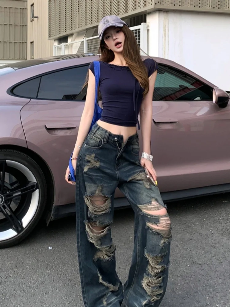 

American Sle Retro Hole Denim Pants Women's High Waist Straight Leg Wide Leg Pants Design Sense Floor Length Trousers