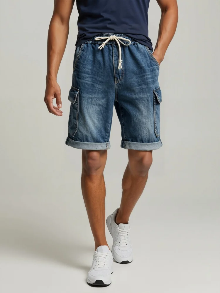 Mens Classic Dark Blue Washed Cargo Shorts Faux Denim Drawstring Loose Fit Multi Pocket Roll-up Hem Knee Shorts