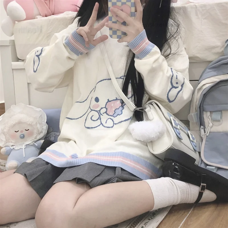 Outono inverno y2k sanrio cinnamoroll camisola dos desenhos animados japoneses anime faculdade estilo adorável manga longa pulôver de malha superior