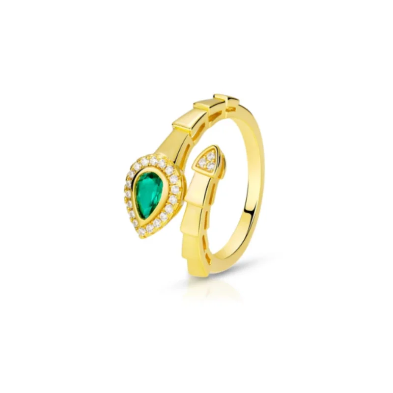 CAMEO 925 Silver Synthetic Zircon Ring Emerald Green Water Drop Gemstone Spirit Snake Fashion Gold Ring