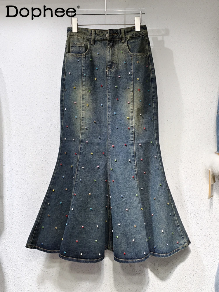 Exquisite Rhinestone Denim Women's Skirt 2024 Spring Summer New High Waist Slimming European Goods Mid-Length Fishtail Skirt