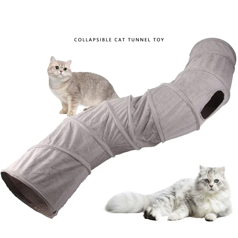 Cat Tunnel for Indoor Cats Collapsible Cat Toys Play Tube 3 Ways S Shape Cat Tunnel Grey Suede Pet Crinkle Tunnels for Cat