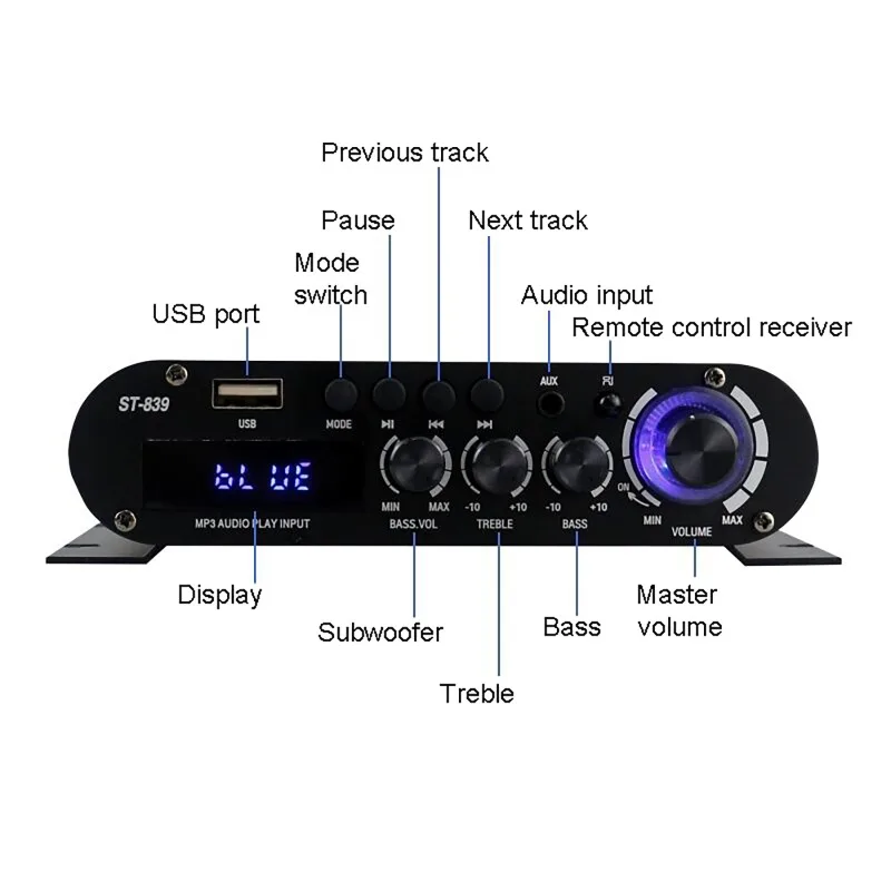 ST-839 HiFi 2.1 قناة مكبر كهربائي 25 واط * 2 + 40 واط مضخم الصوت المنزل مكبر للصوت الصوت أمبير باس وتريبل تعديل المنزلية أمبير