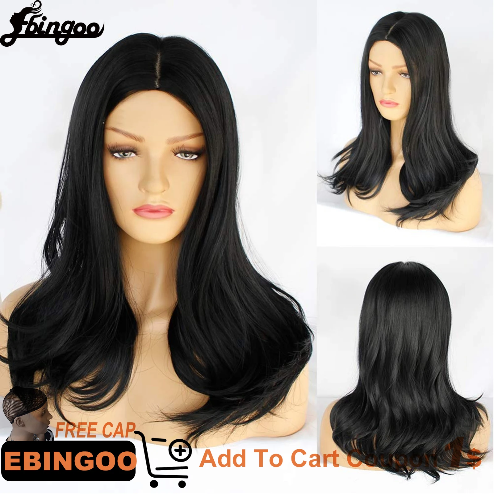 Ebingoo Synthetic Wig Black Natural Wave Hair Wig for Women Middle Part Wavy Cosplay Wigs Heat Resistant Machine Made Wig