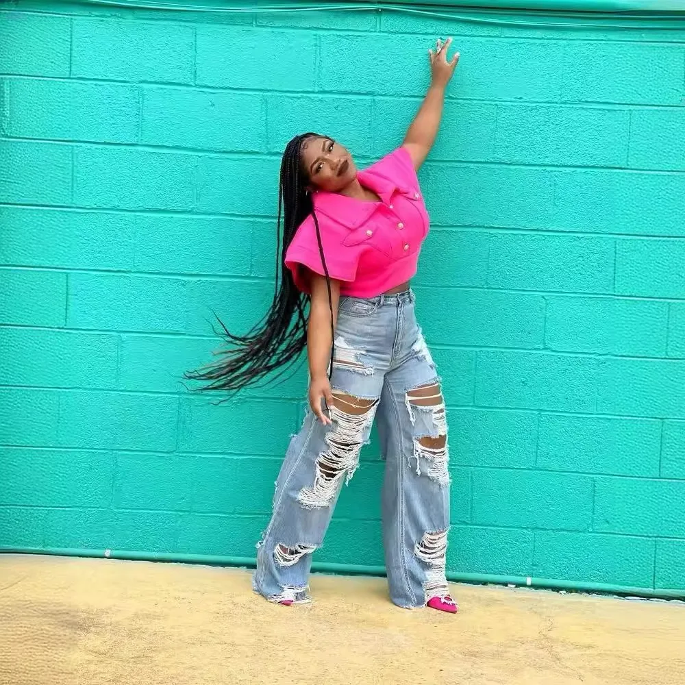 Frauen Jeans zerrissen Loch Vintage weites Bein Jeans hohe Taille knöchel lange Jeans hose solide Distressed Taschen locker sitzen lässig