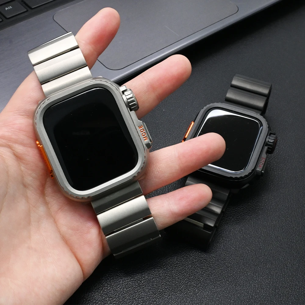

Titanium Strap+metal Case Cover Apple Watch Band 46mm 45mm 44mm Change To Ultra Case for Iwatch Series 10 9 8 7 6 5 Se NoScreen
