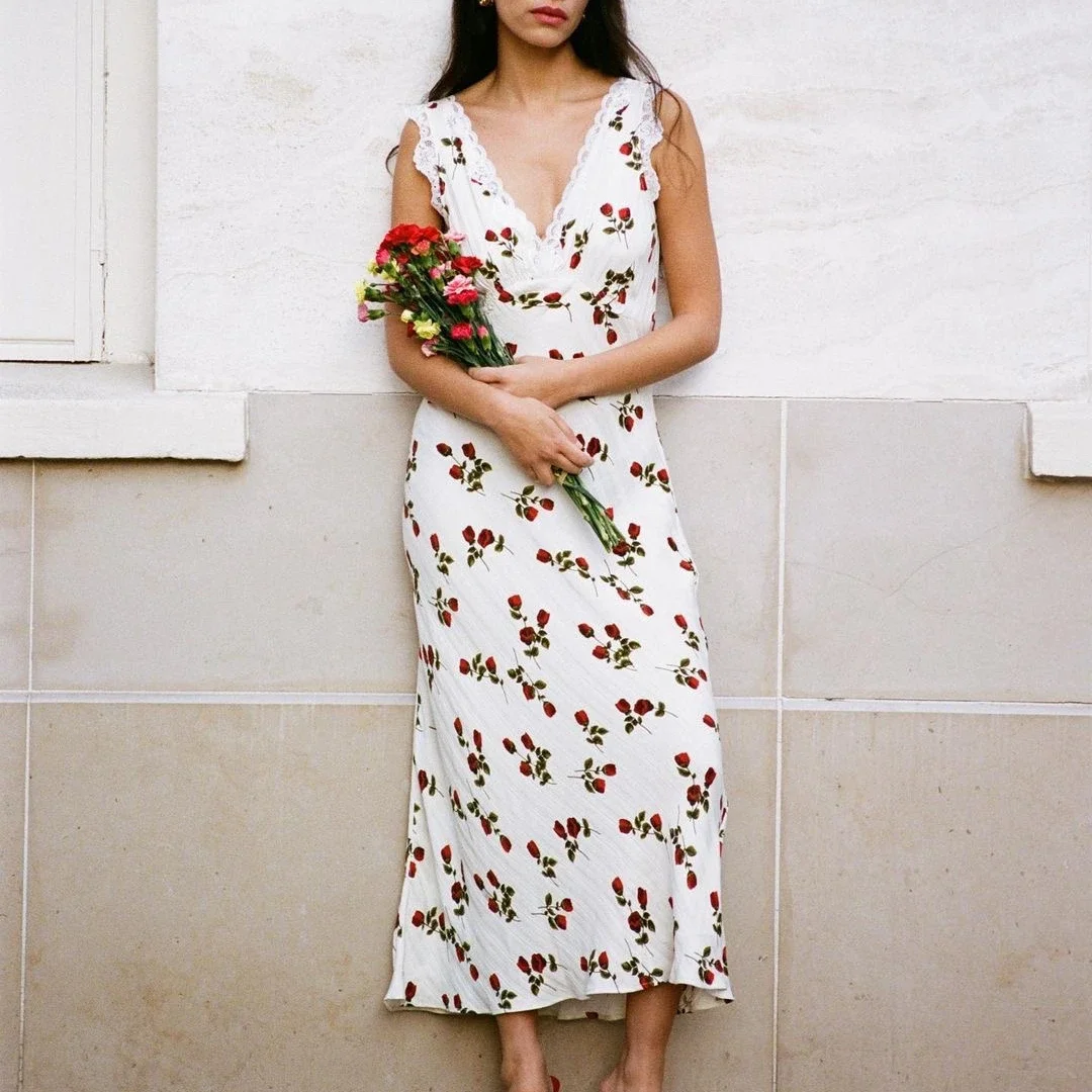 

Women Lace Stitching Strap Midi Dress Flower Printed V-Neck Sleeveless Slim sling dress