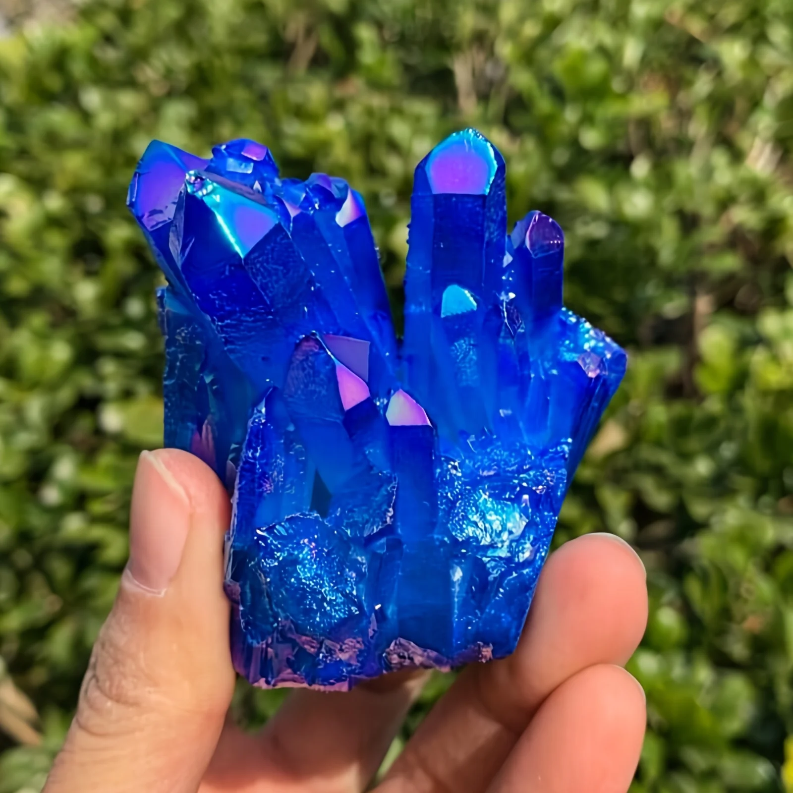 

1pc Rainbow Aura Blue Quartz Cluster with Titanium Coating & Rainbow Iridescence - Bohemian Home Decor, Holidays Gift