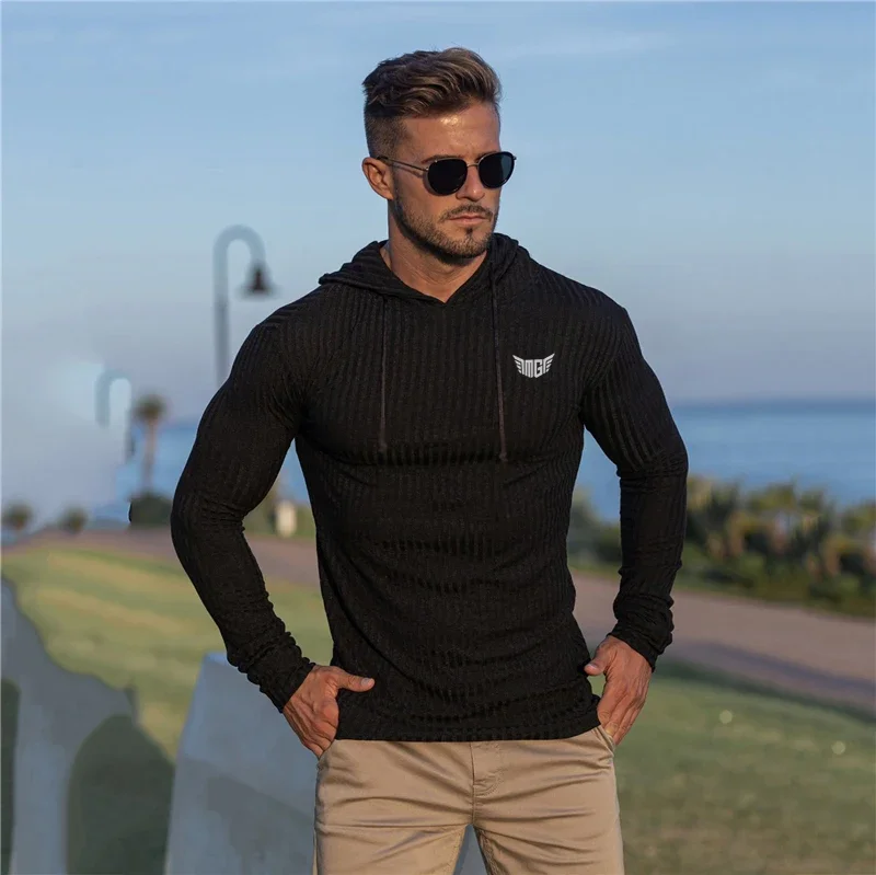 New Fashion Knitted Hooded T-shirt Men Pit Stripe Slim Fit Thin Sweaters Mens Long Sleeve Pullovers Knittwear Men Casual T shirt