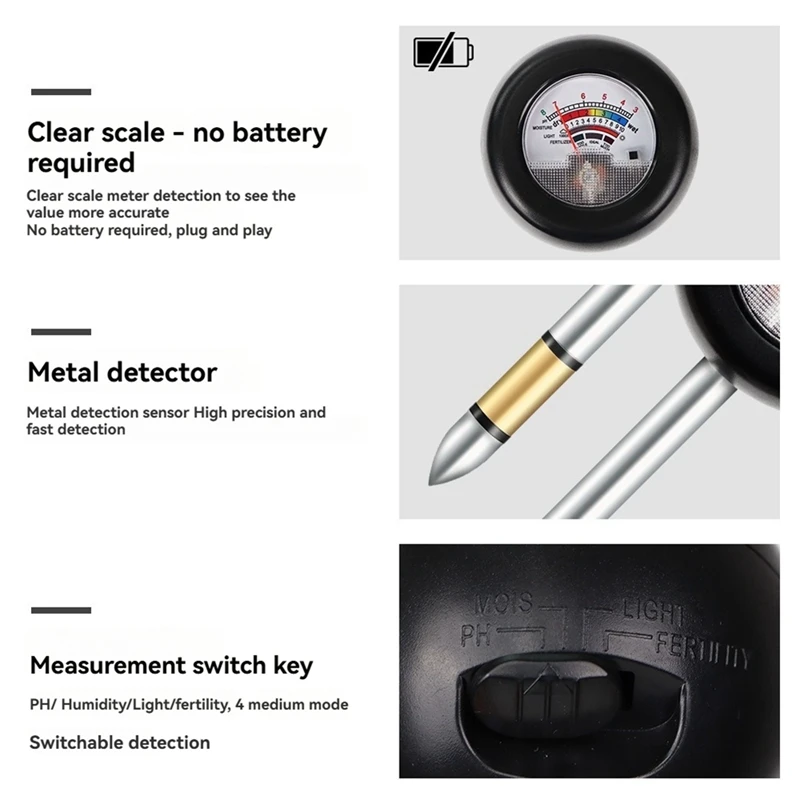 4-In-1 Soil Tester Humidity Meter Moisture, Sunlight, PH & Fertility Meter For Pot Plants, Greenhouses, Flowers&Farms