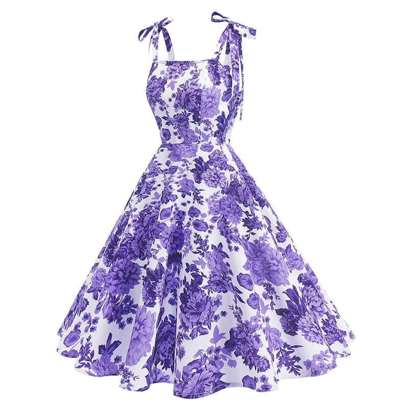 Abito da donna anni '50 anni '60 retrò multicolore stampato floreale vestibilità vintage con papillon cinghie abito senza schienale compleanno ballo di fine anno abito da festa