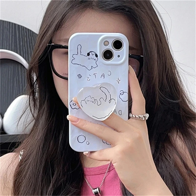 Korea Cute Cat 3D Love Heart Phone Grip Tok Griptok Clear White Holder Ring For iPhone 15 Accessories Lovely Crystal Phone Stand