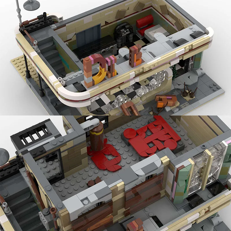 2438 Pz MOC Post-Apocalisse Downtown Diner Ruine Caffè modulare Modello fai da te Building Blocks Giocattoli di compleanno Regalo