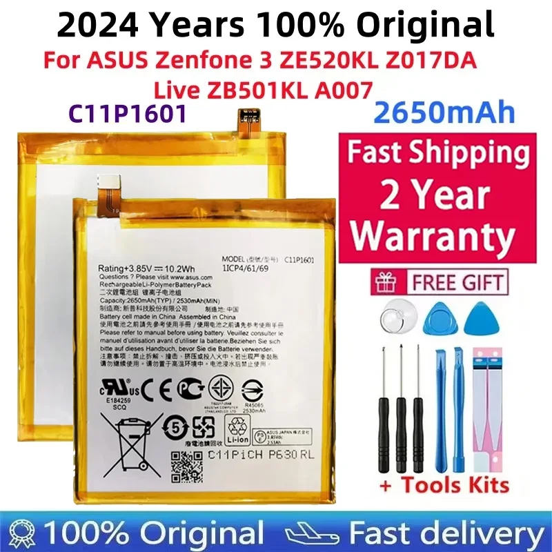 

Battery For Asus ZenFone 3 Ze520kl Z017da Live Zb501kl A007, Free Tools, 2650mAh, 100% Original, New