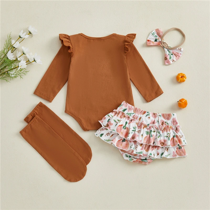 Newborn Baby Girl Halloween Outfit Letter Long Sleeve Romper Pumpkin Ruffle Shorts Bow Headband Solid Stockings