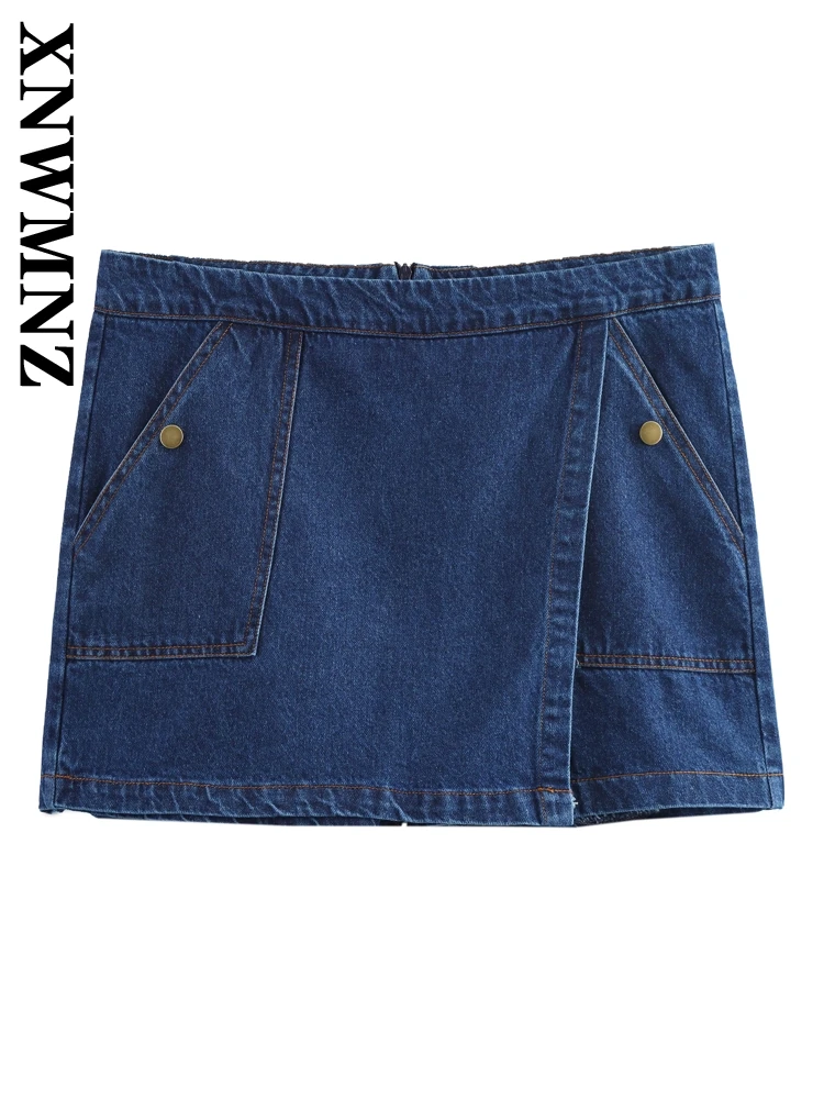 

XNWMNZ 2025 Spring New Woman's Streetwear Button Denim Skirt Pants Bottoms Commuting Woman High Waist Ruffles zipper Mini Skirt