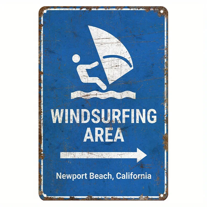 Vintage-Style Iron Tin Sign,  Windsurfing Area Wall Art, Rustic Farmhouse Beach Decor for Home, Bar, and Outdoor Spaces