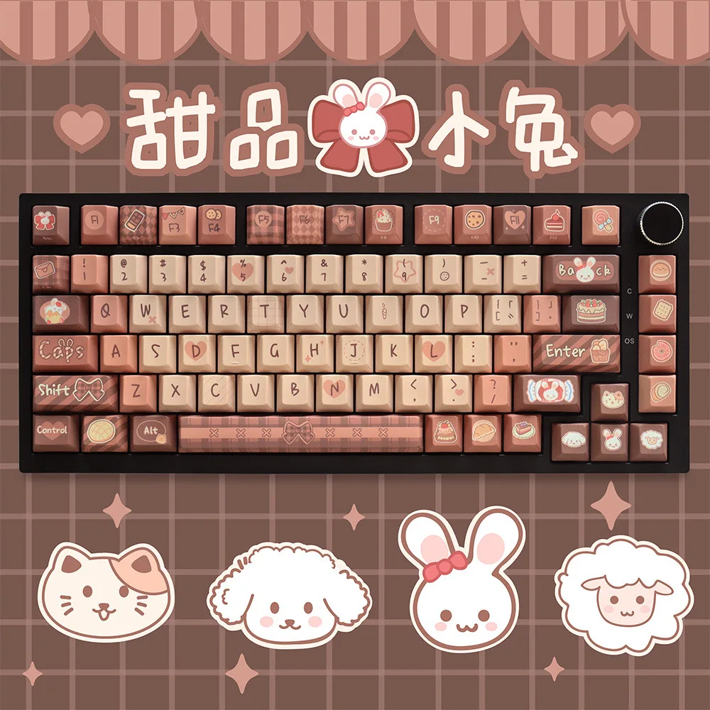 Cute dessert rabbit theme keycap PBT material pattern characters clear five-sided sublimation keycap 129 keys