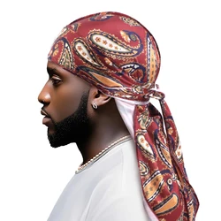 New Silk Cashew Printed Durag Turban For Women Men Bandanas Headwear Silky Rag Long Tail Pirate Hat Caps Hair Accessories