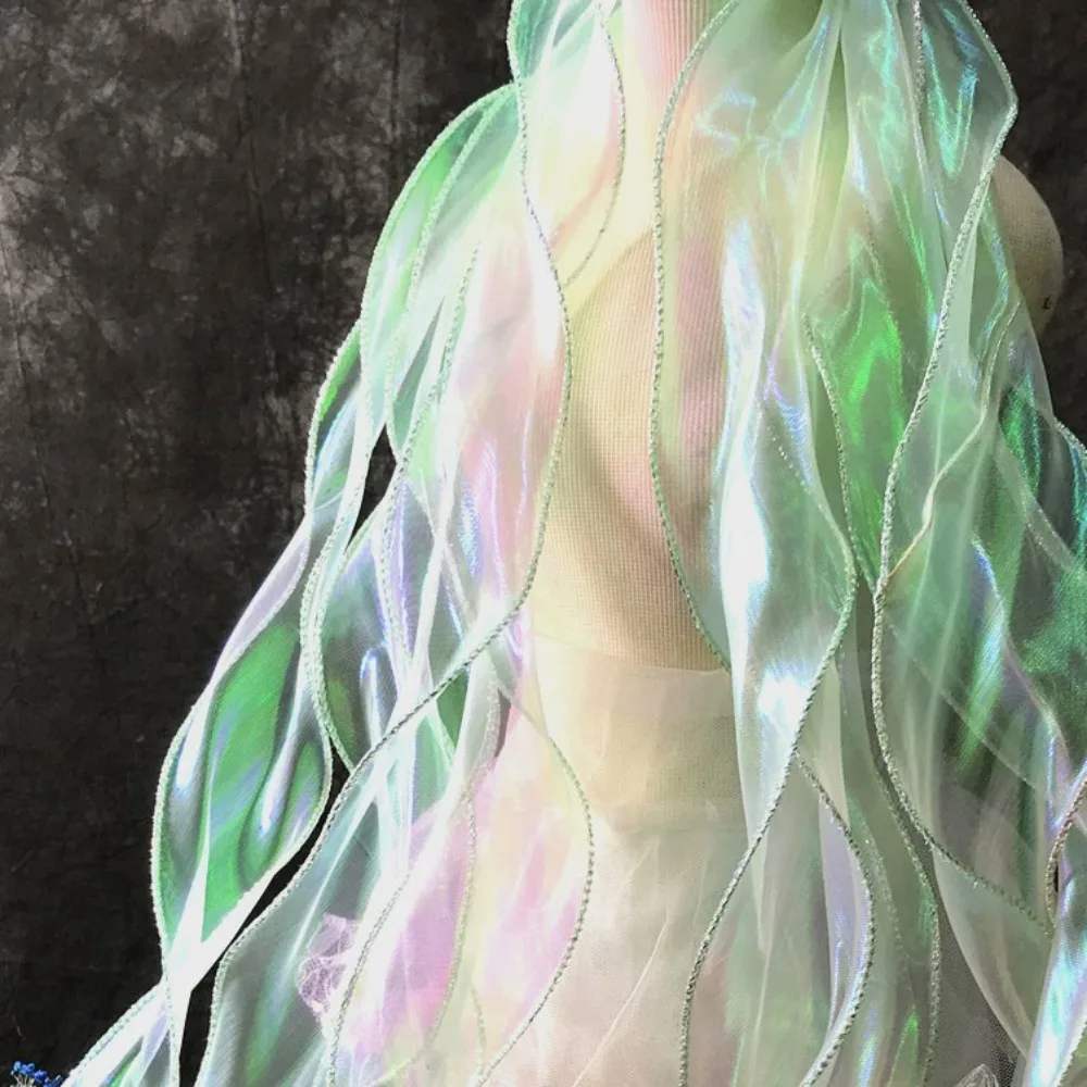 

Mermaid Silver Silk Transparent Water Wave Ruffles Laser Gradient Lace Handmade Illusion Waves Fabric Designer Accessories