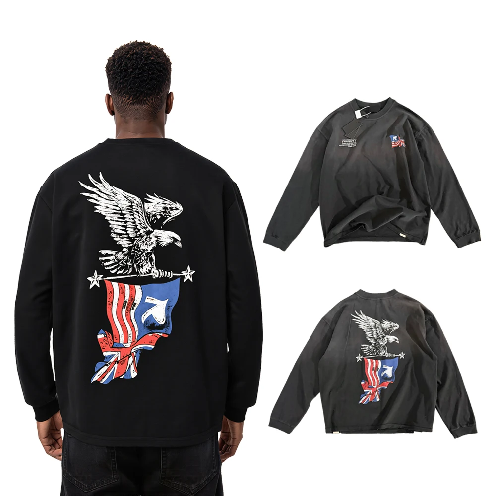 Y2k American Streetwear Vintage Eagle Graphic T Shirts Hiphop Street Style Cotton Retro Distressed Casual Full Sleeve Tees Men's