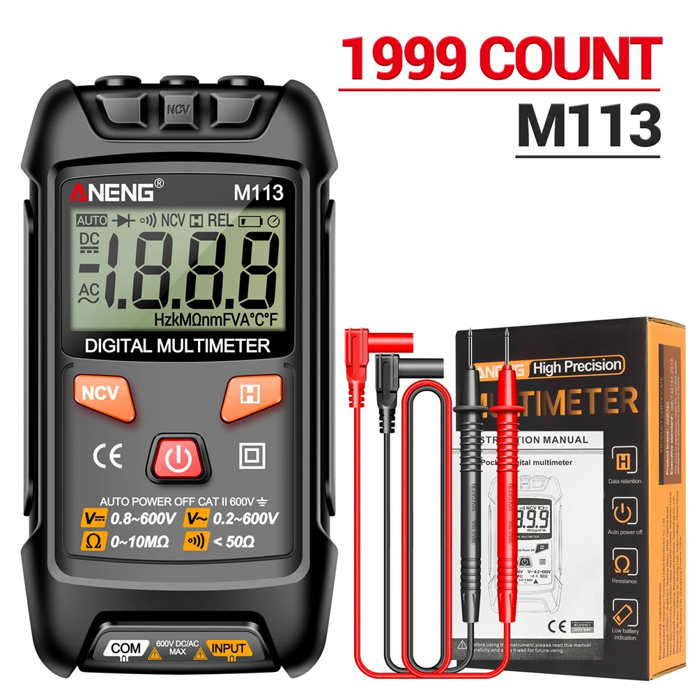 ANENG M113 Digital Multimeter Tester 1999 Counts Auto Ranging Amp Ohm Voltmeter for Household Outlet Automotive Electrical Tools