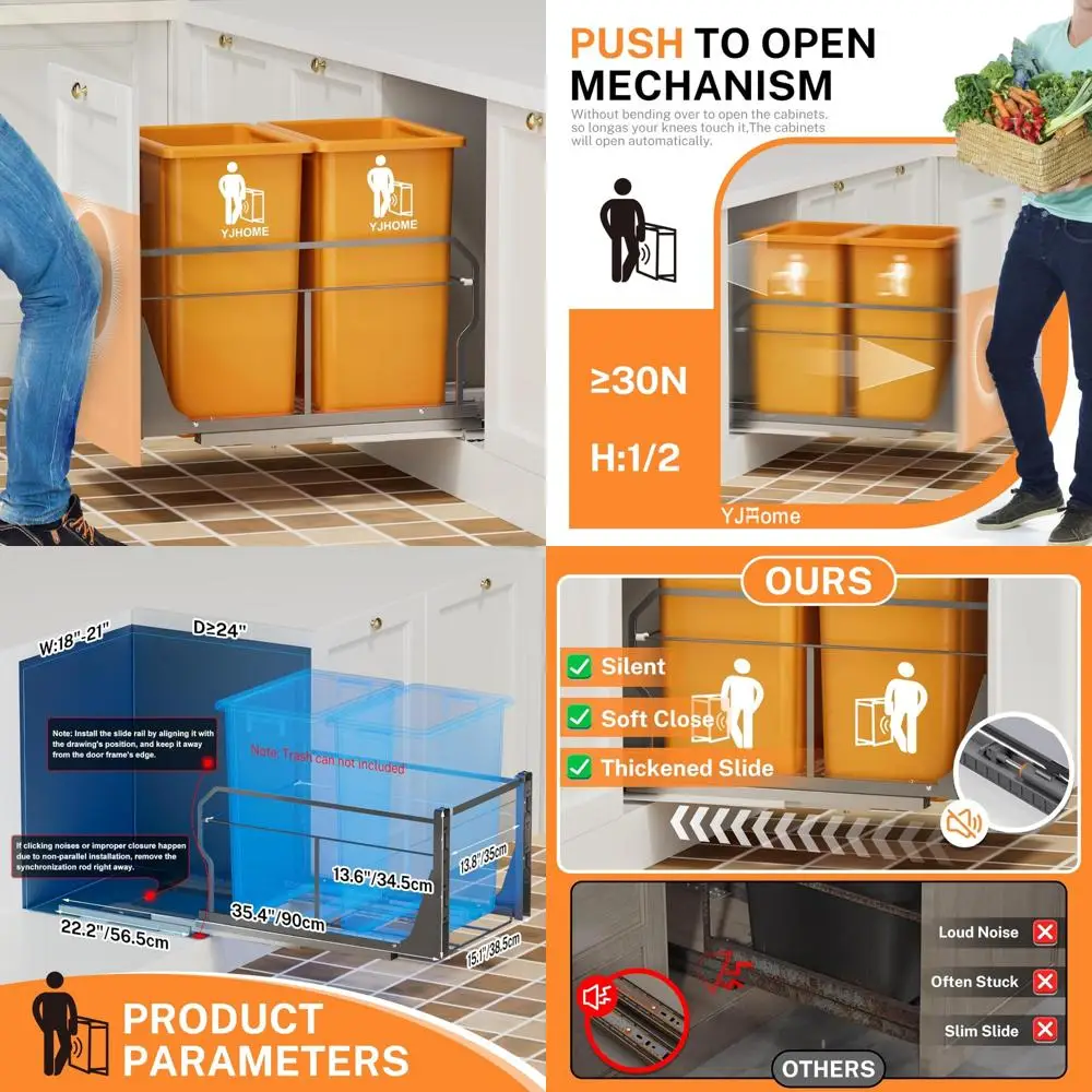 

Pull Out Trash Can Under Cabinet Push to Open Slides Double Cabinet Garbage Can Storage Solution