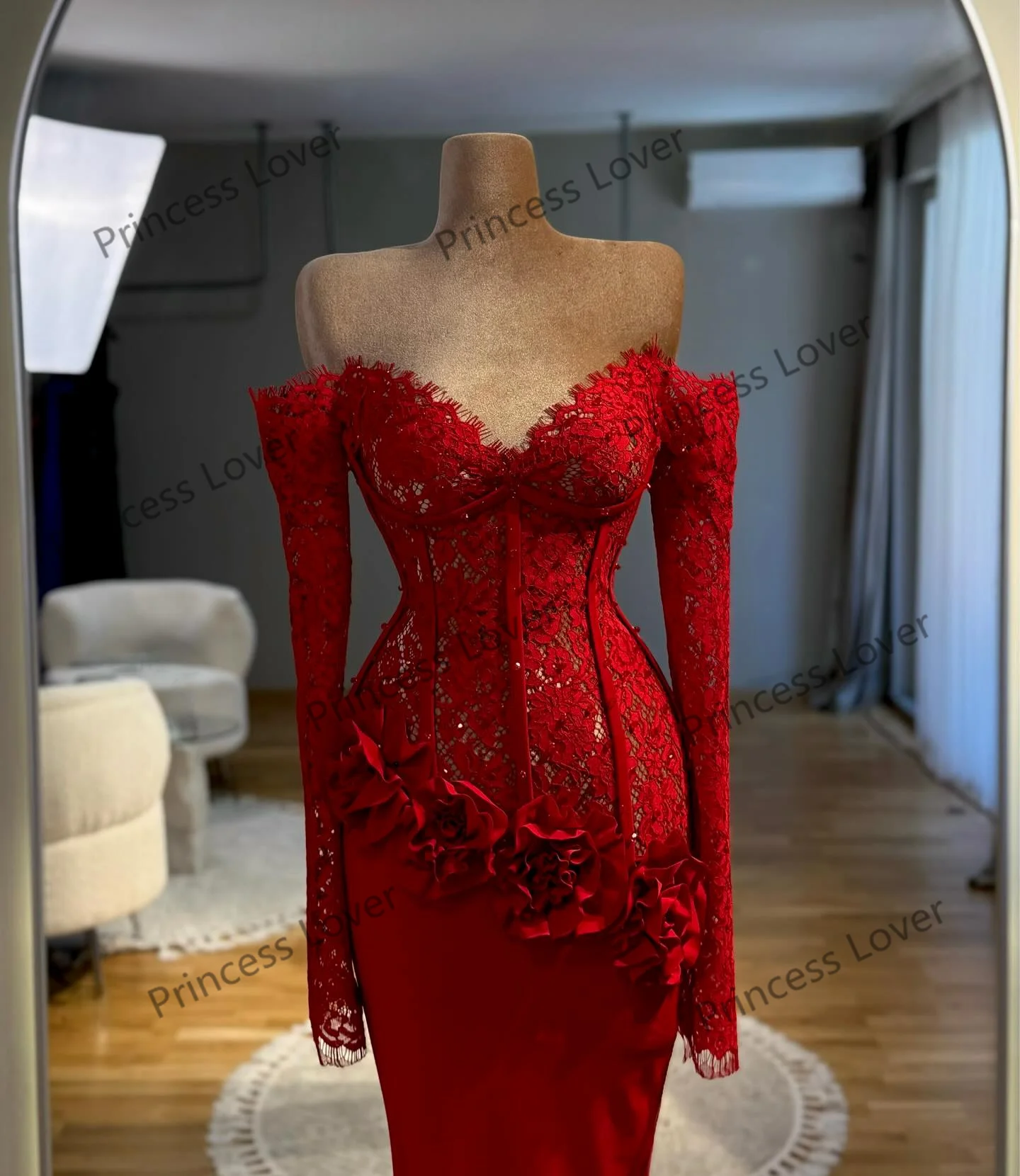 Robe de soirée sirène rouge en dentelle, manches longues, robe de soirée de mariage, fleurs personnalisées, Corset, robe de bal élégante et formelle
