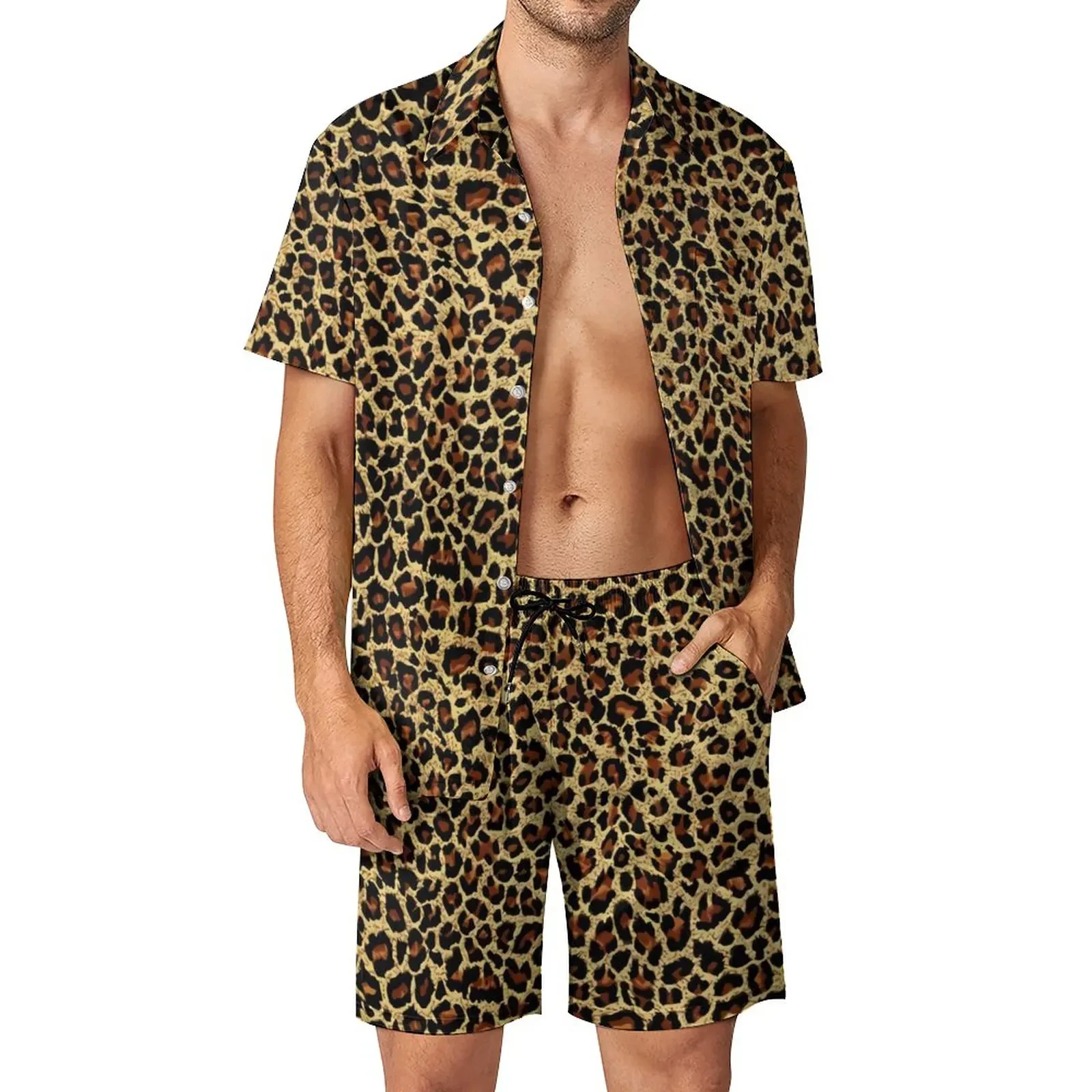 Conjunto de camisa 3D con estampado de leopardo para hombre, ropa informal de manga corta, pantalones cortos de playa de gran tamaño, ropa de calle