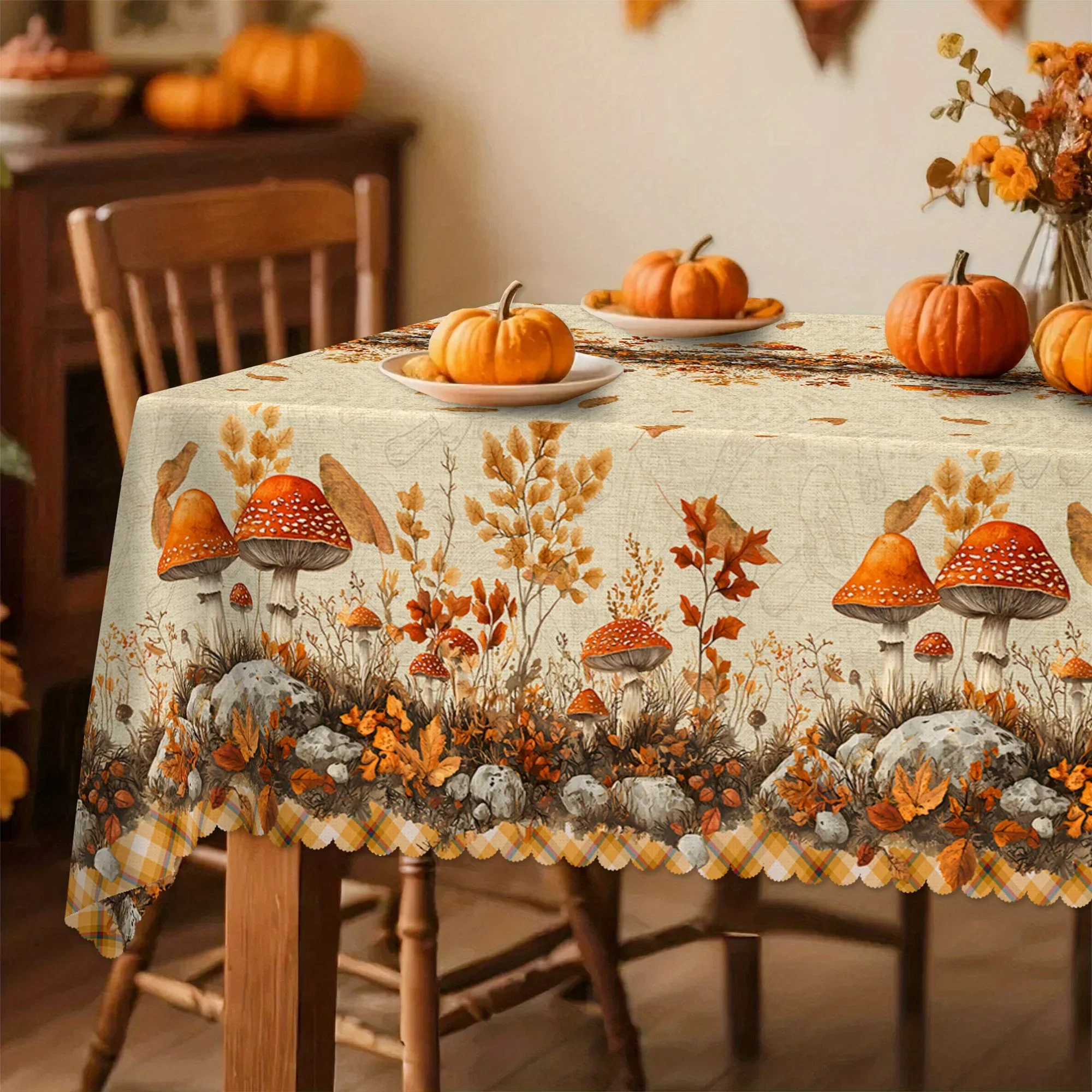 Autumn, rural tablecloth, rice, yellow decorations, mushroom and pumpkin patterns, retro, suitable for various scenariosxzj