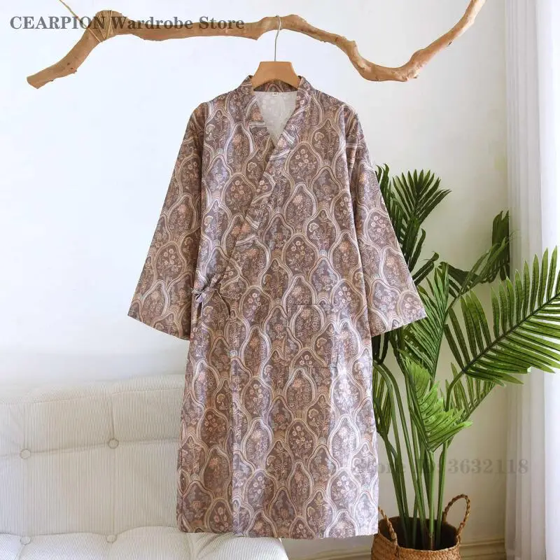 Cotton Retro Jacquard Bathrobe for Men and Women Couple Kimono Pajamas Sleepwear Robe Home Wear Absorbent Bath Robe Loungewear