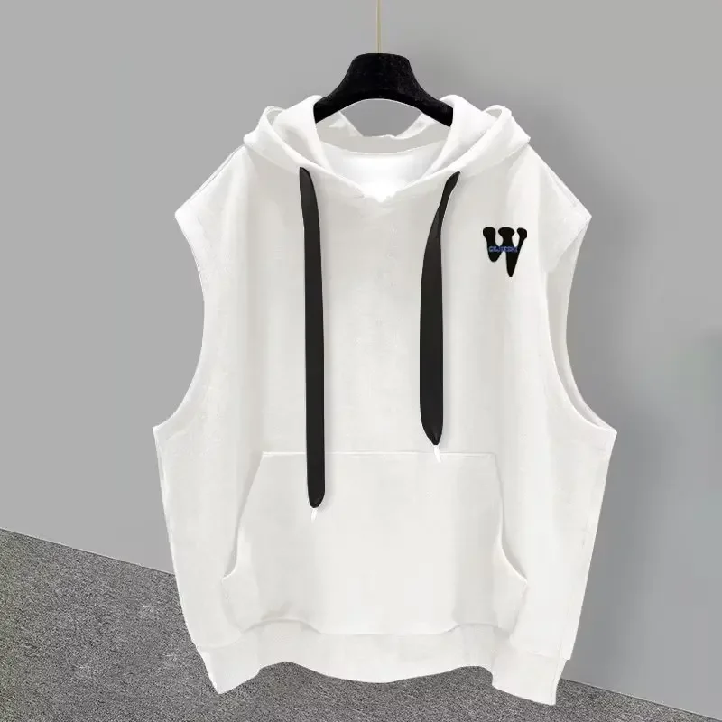 2023 Trendy Brand Men's Hooded Sleeveless T-shirt Casual Style Letter Print Design Sensibility Shoulder Vest Outer Wear