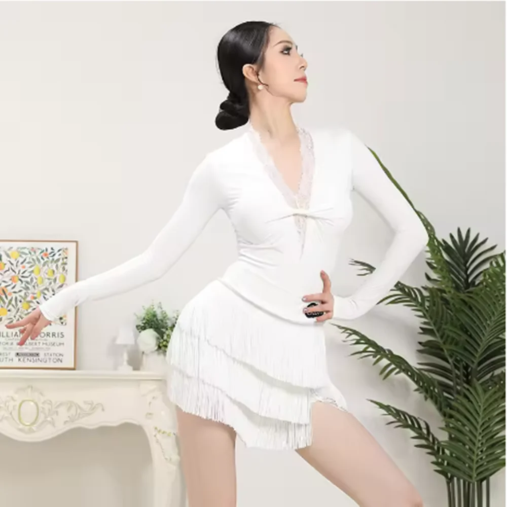 Adult Latin Dance Costume Women Latin Practice Suit Lace V-Neck Bodysuit Fringe Skirt White Dance Performance Clothing  yj807