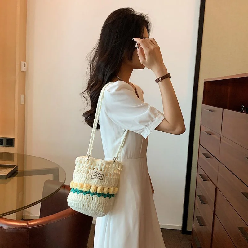 Women's Korean-Style Fashion All-Matching New Hand-Carrying Hand-Woven Oblique  Shoulder Bucket Bag