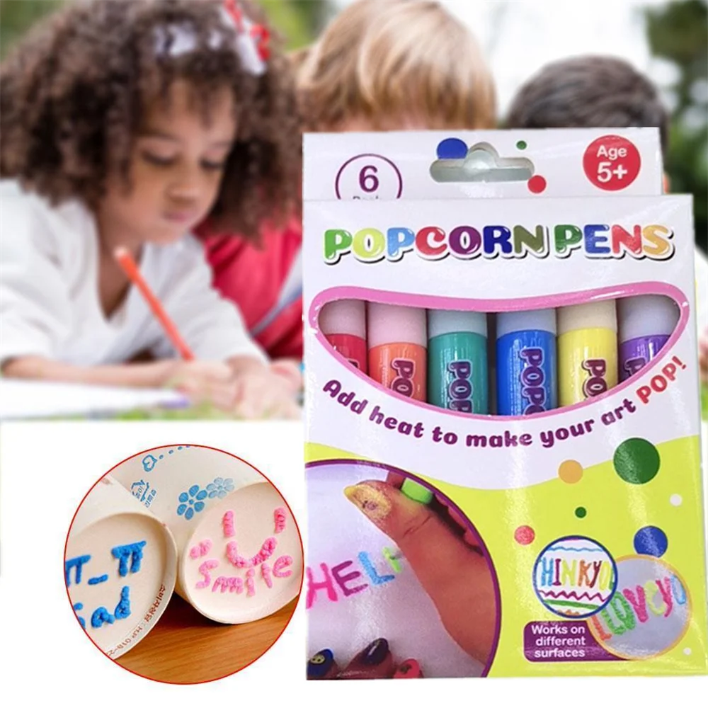 6 Stuks Magie Popcorn Pennen Gezwollen Verf Bubble Pen Voor Wenskaarten Kinderen 3d Kunst Pennen Kid School Briefpapier