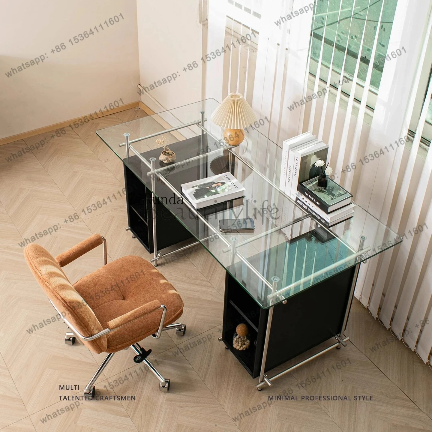 مكتب من الزجاج المقسى البسيط، مكتب من الفولاذ المقاوم للصدأ، منضدة عمل طويلة