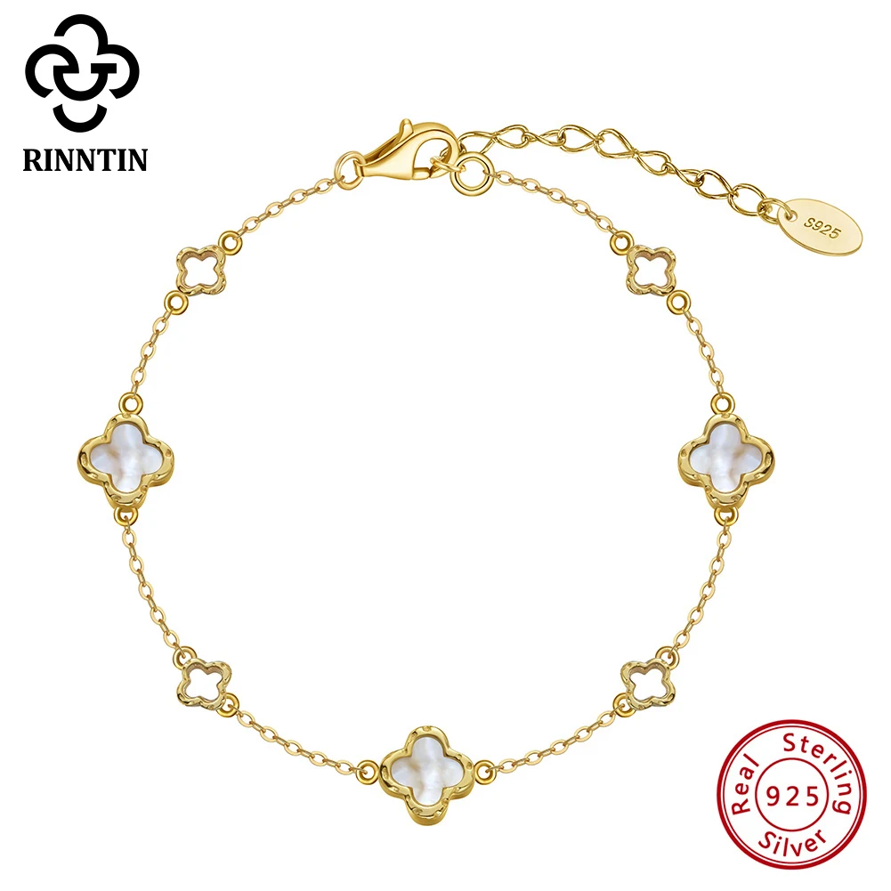 

Rinntin, новый дизайн, стерлинговое серебро 925 пробы, счастливый четырехлистный клевер, женский браслет из белой ракушки, ювелирные изделия для подарка подруге GMB68