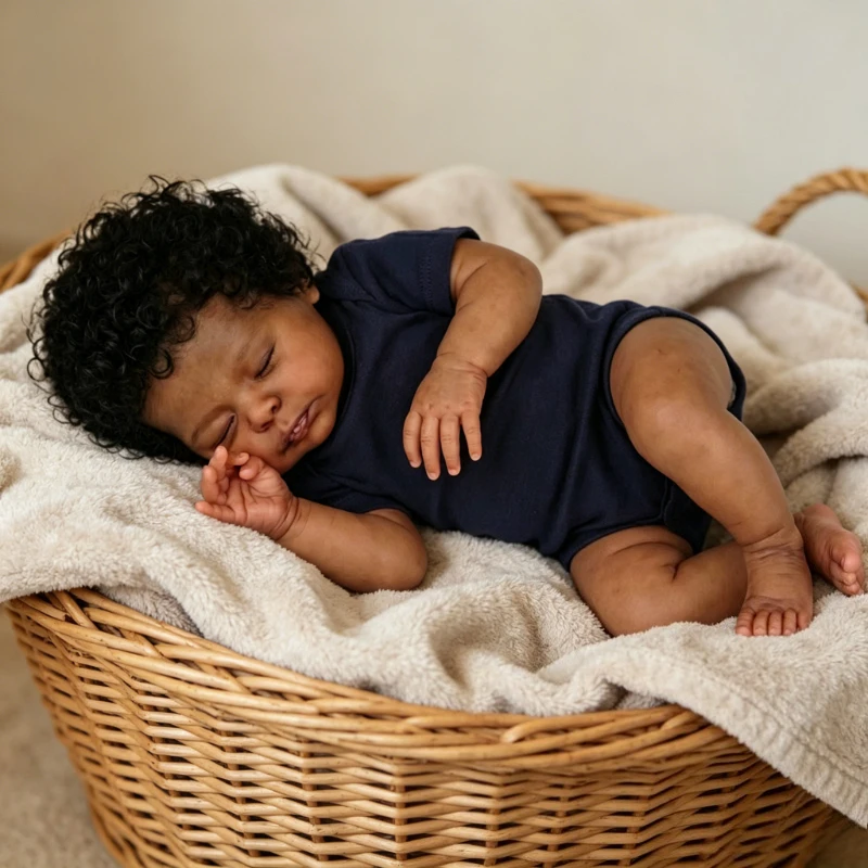 

48CM Reborn Baby Christopher with Rooted Black Curly Hair Dark Skin Handmade Painting Doll
