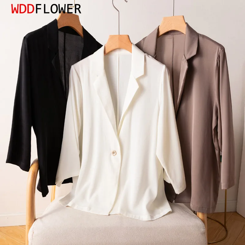 Women Blazer 95% Mulberry Silk 5% Spandex 19 momme Black White One Button Coat Jacket office work M L XL MM147