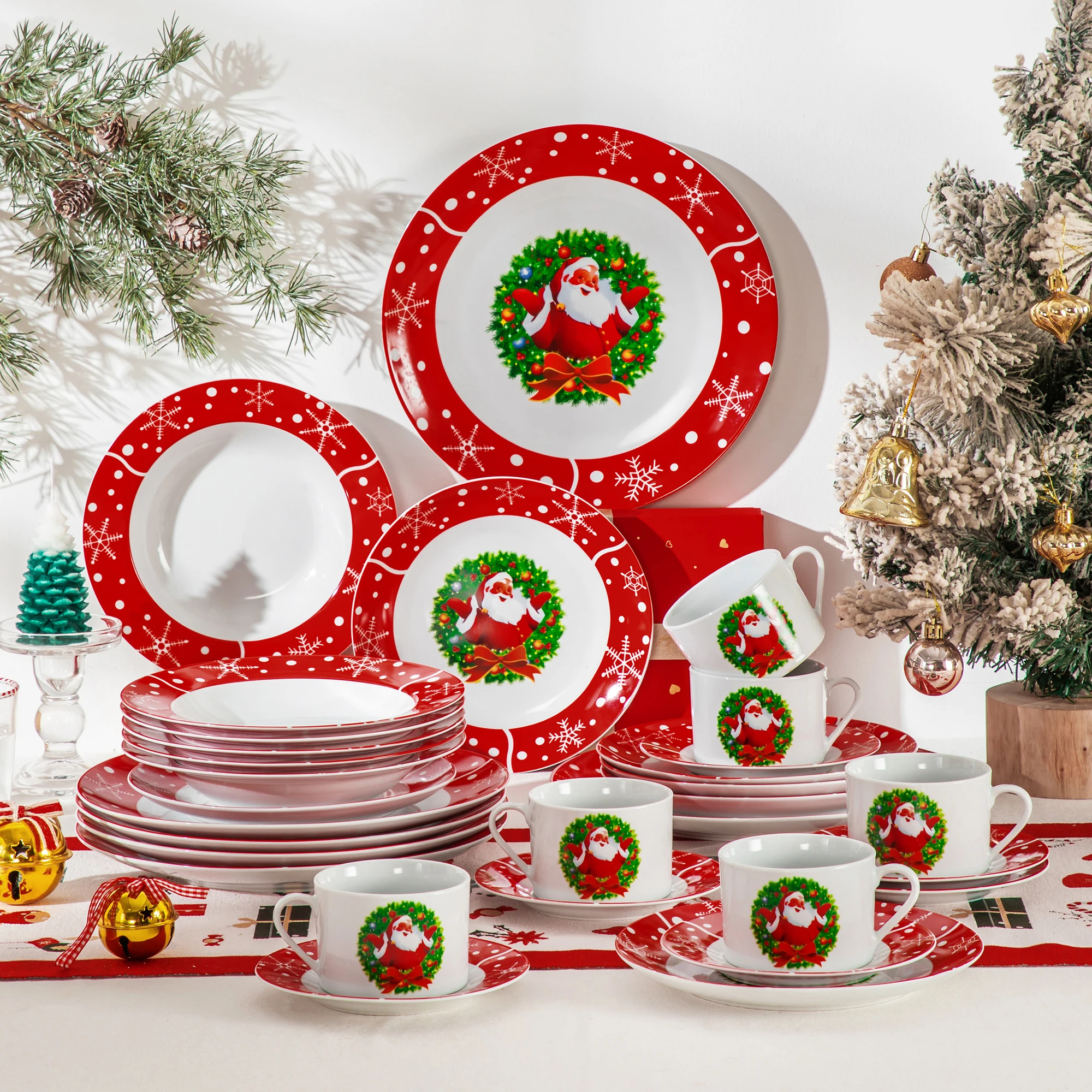 

VEWEET 12/16/18/30PCS Christmas Dinnerware Set SantaClaus Style Plates Dinner Set with Dinner Plate/Dessert/Soup Plate/Mug