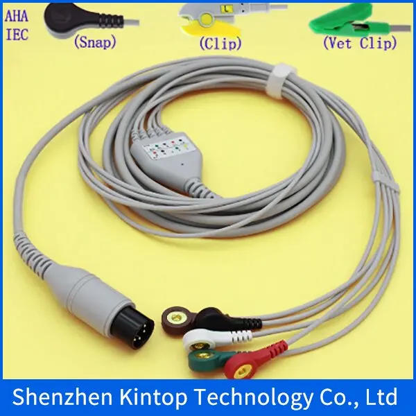 Compatible New Mindray/Goldway/Edan/Contec/Datascope ECG Machine the one-piece 5 lead cable and snap leadwire,IEC or AHA.