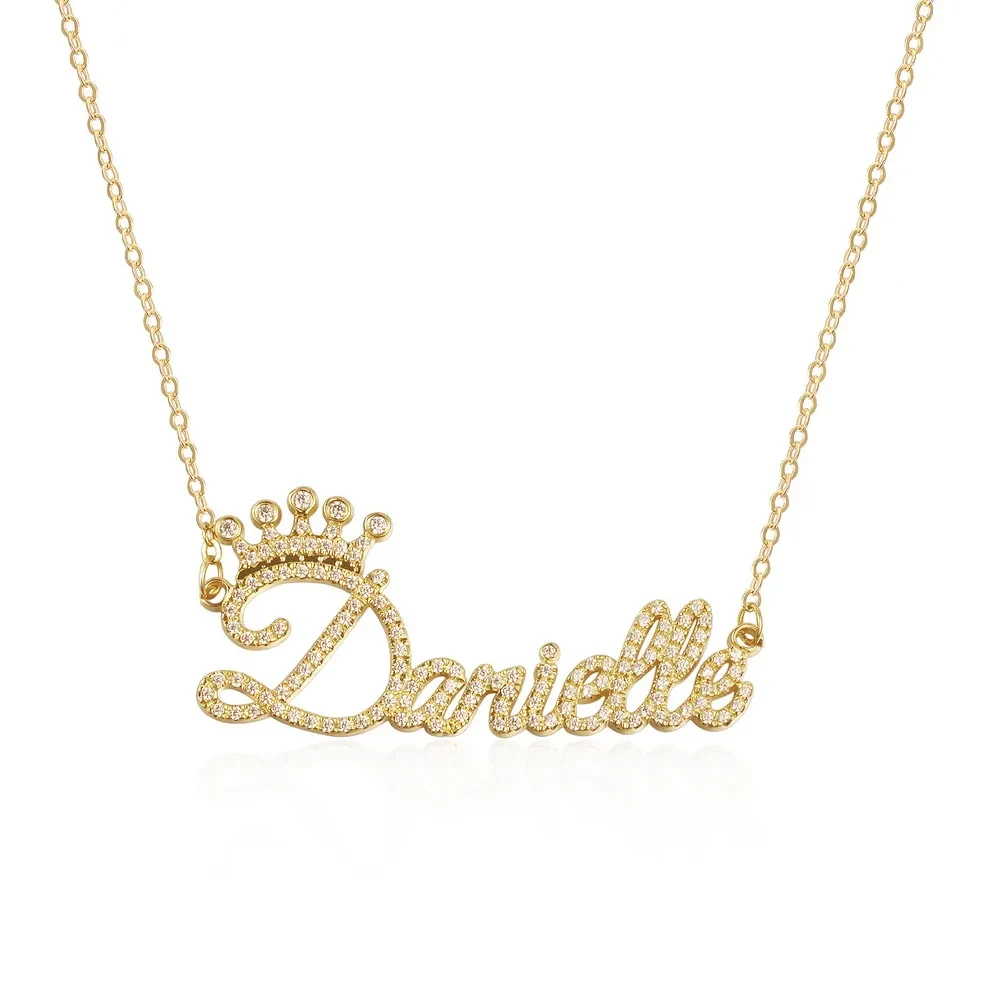 Qitian Custom Name Necklace With Crown Personalized 18k Gold Plated Diamond Name Necklaces Pendant For Women Charms Jewelry Gift