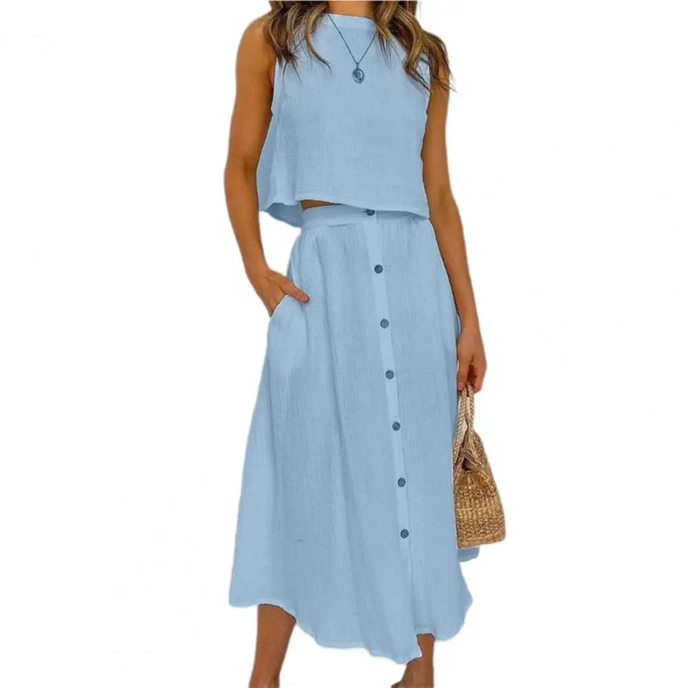 Summer Outfits For Women 2024 New Casual Cotton Linen Suit Loose Sleeveless Vest Single-breasted Skirt 2 Piece Set Women Outfit