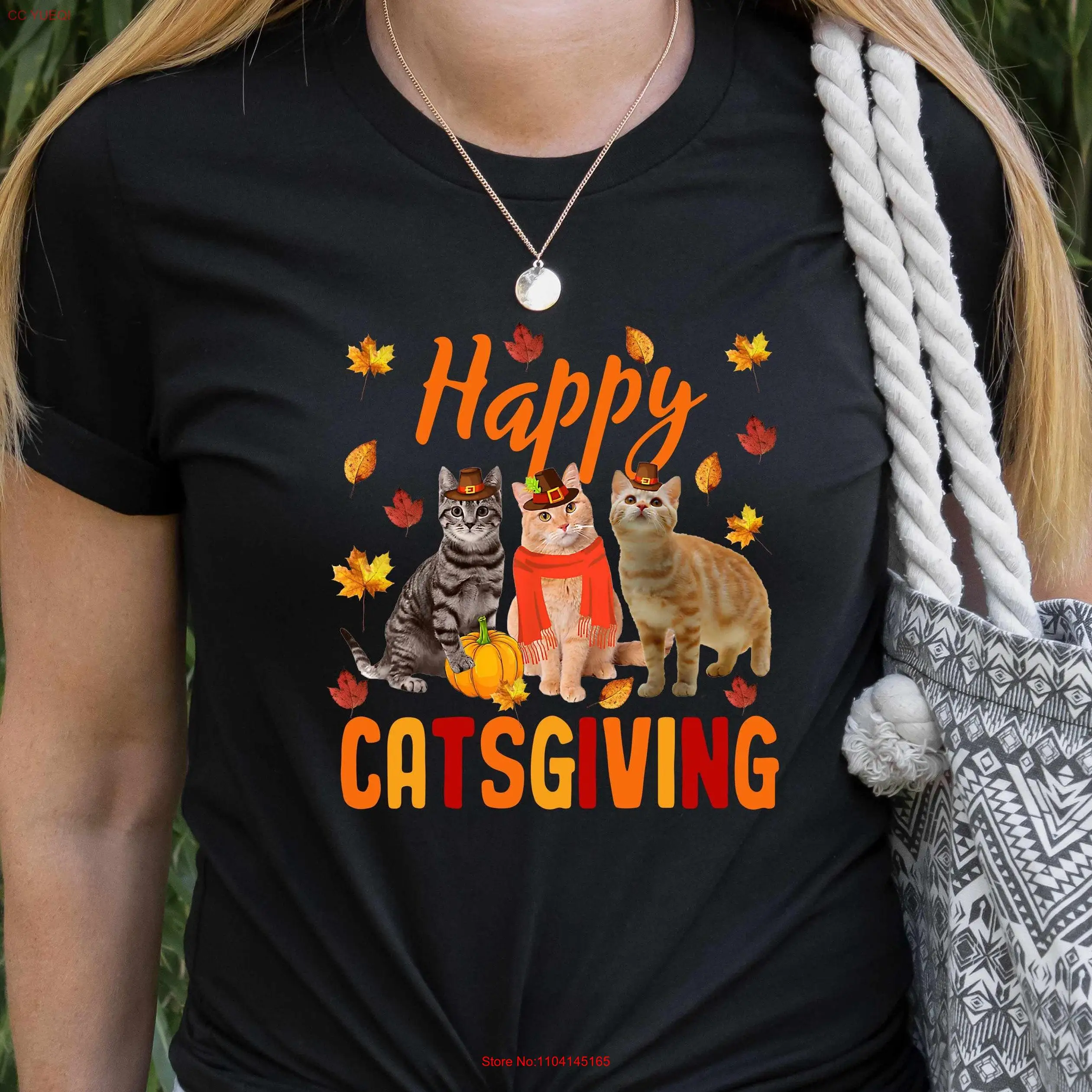 

Футболка Happy Catsgiving SweaT, забавная футболка для любителей кошек на День Благодарения, осенние листья для любителей деревьев, осенние длинные или короткие рукава