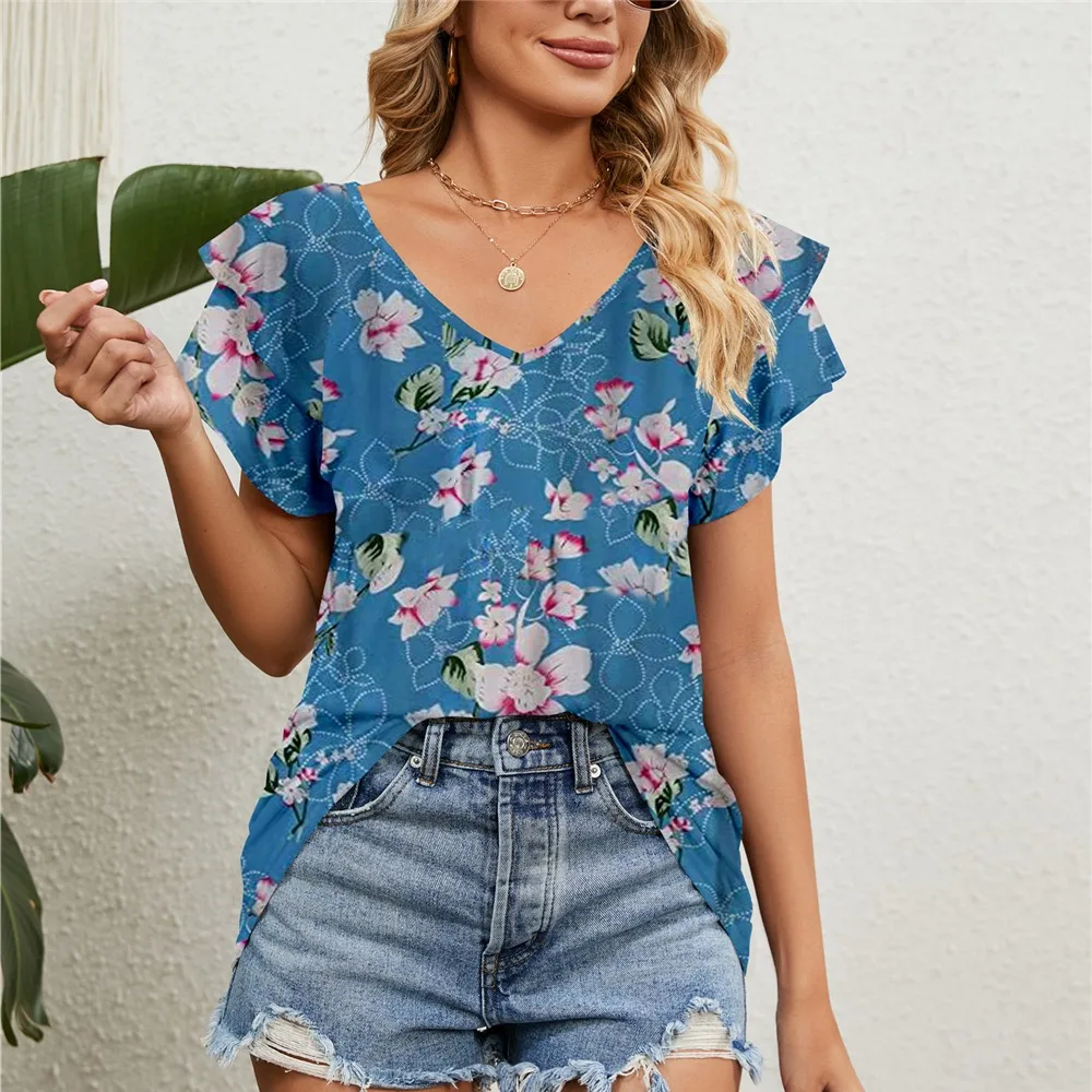 

Women's Shirts & Blouses for Women Elegant Summer Tops Short Sleeve Korean Popular Floral Blouse Red Woman Trend 2024 Clothing